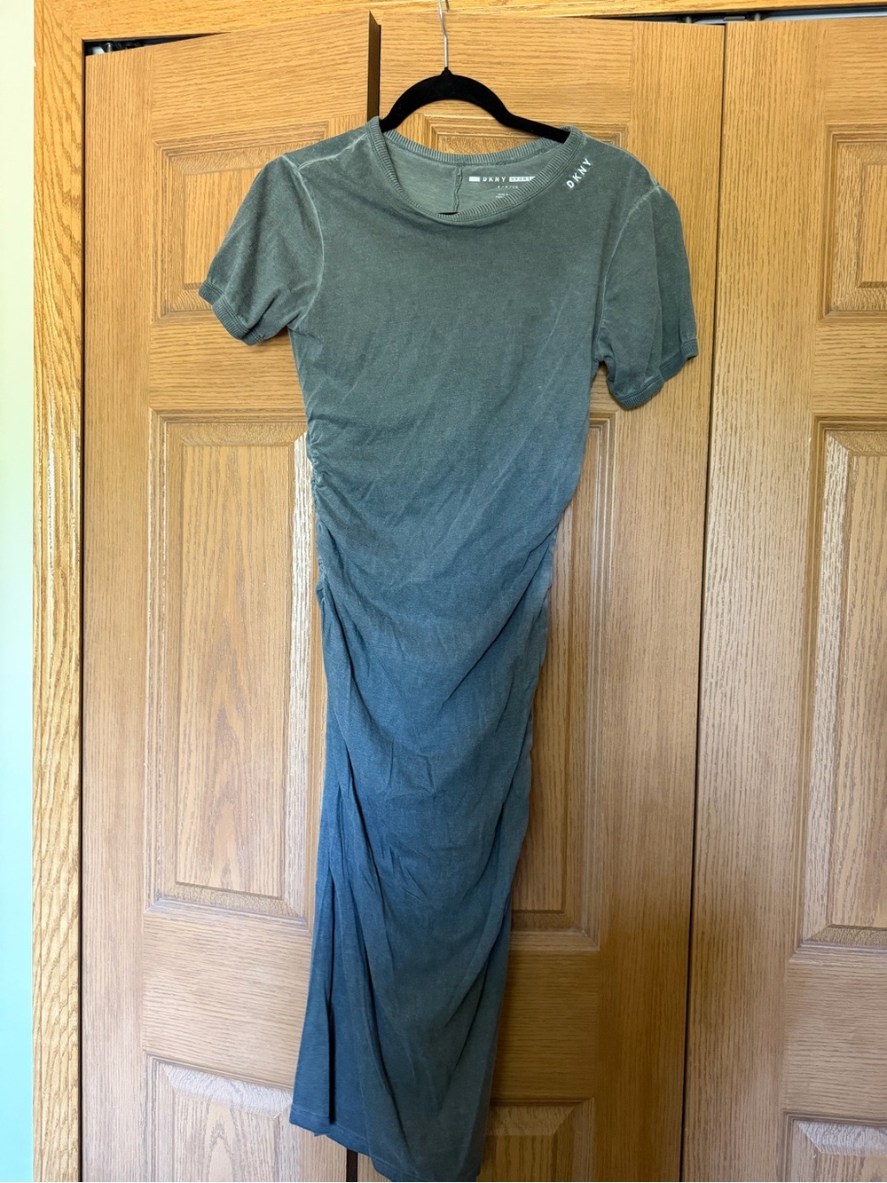 DKNY Olive Green Short-Sleeve Ruched Maxi Dress